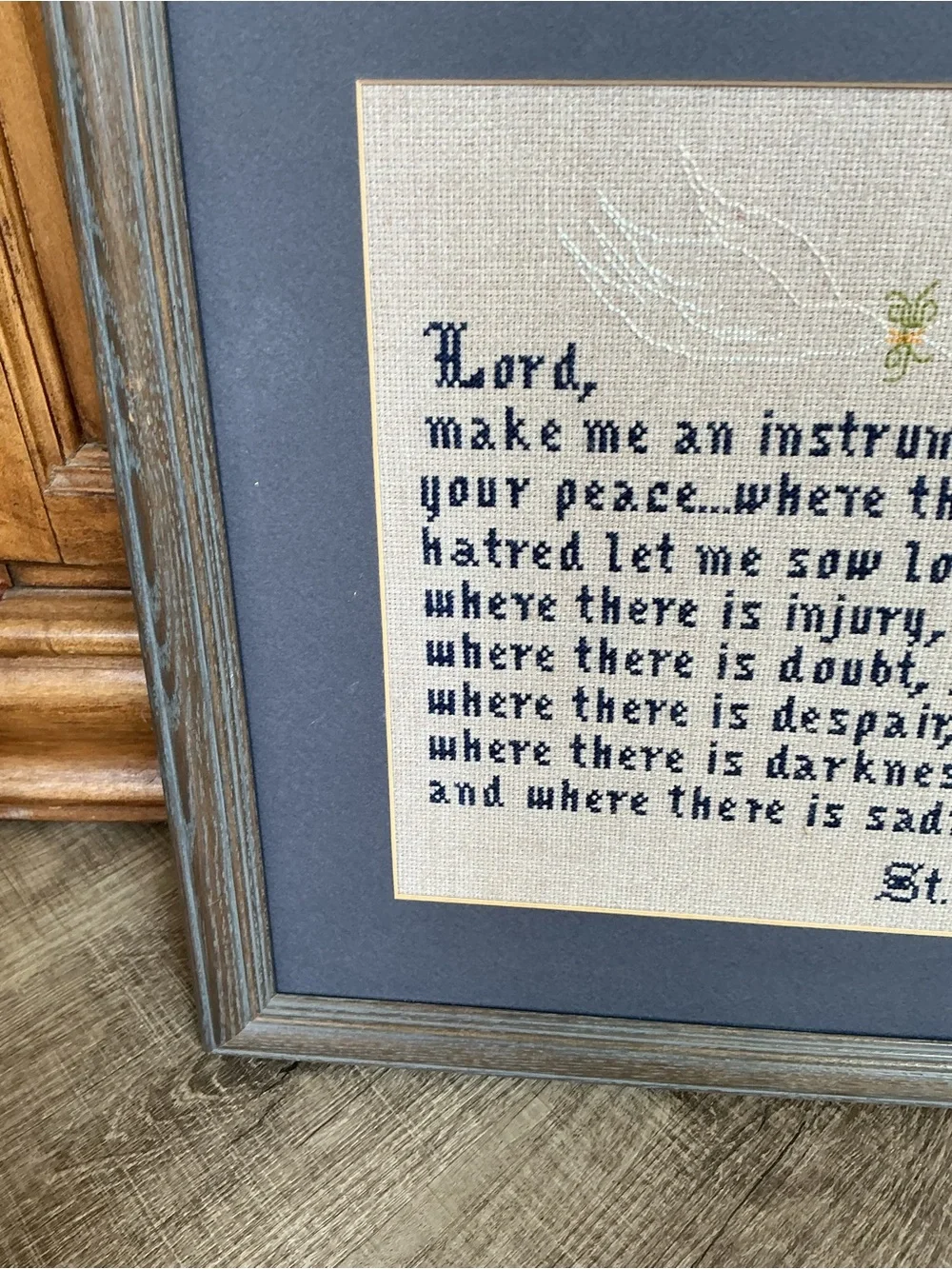 St. Francis Prayer Cross-Stitch Wall Art in Blue and Cream